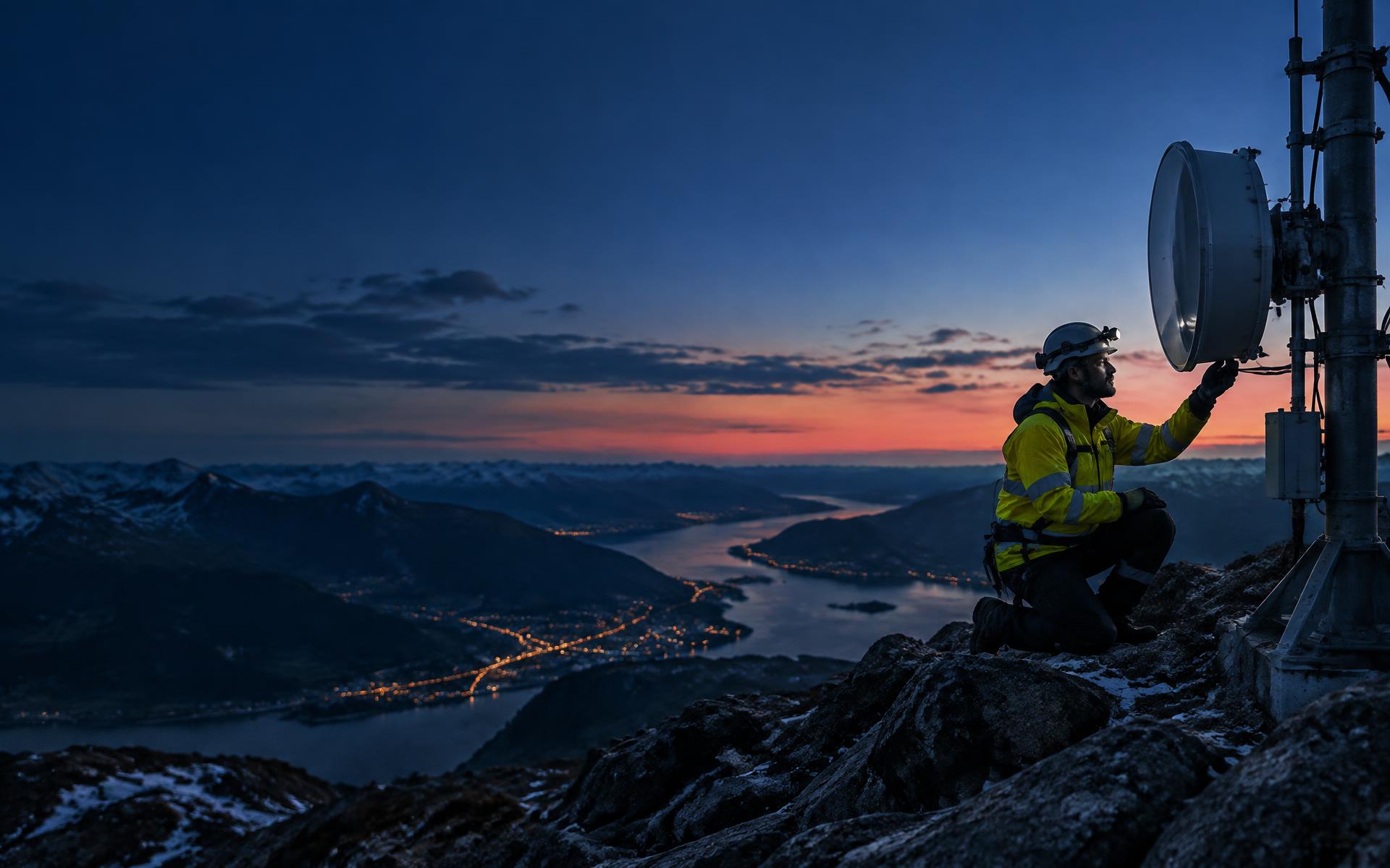 Field engineer maintaining a wireless link above a remote valley